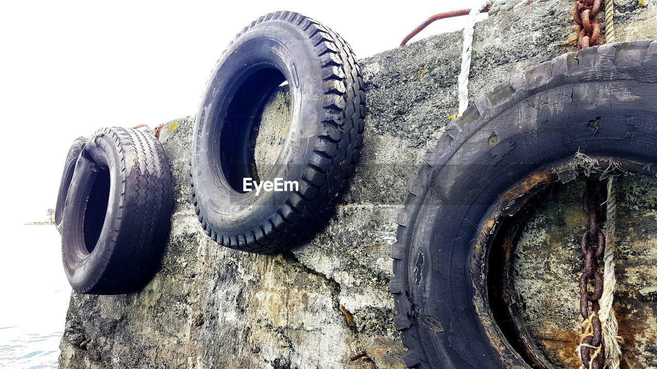 Close-up of tires on wall