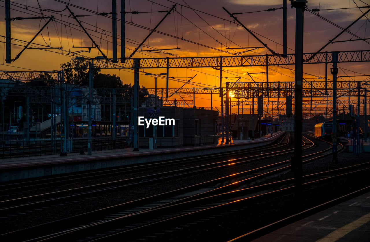 blurred motion of railroad tracks at sunset