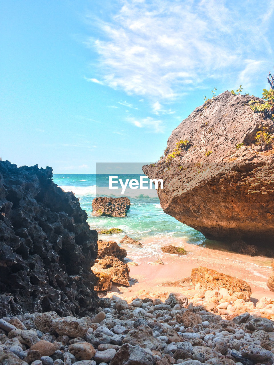 SCENIC VIEW OF ROCKS ON SHORE AGAINST SKY