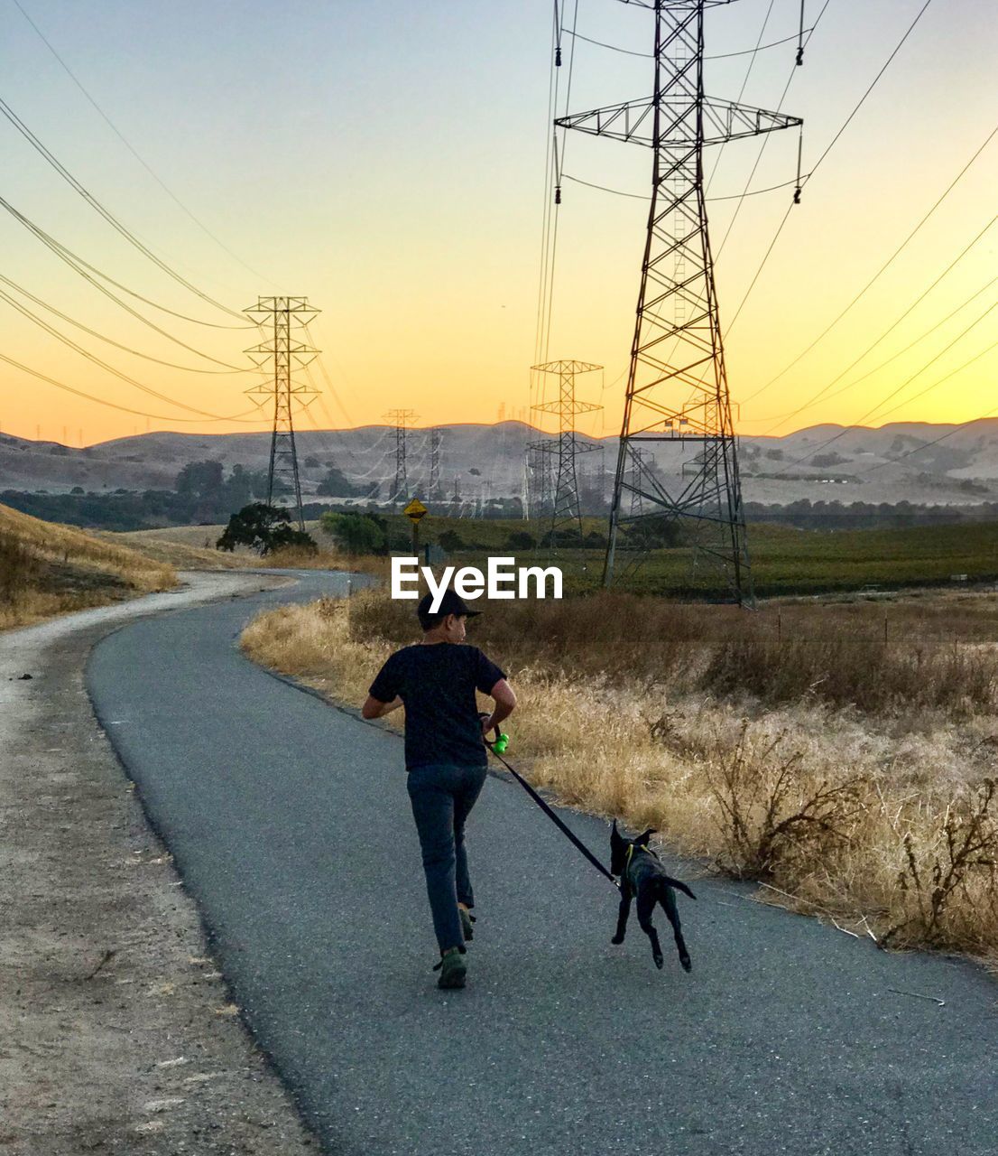 Rear view of boy with dog running on road against sky