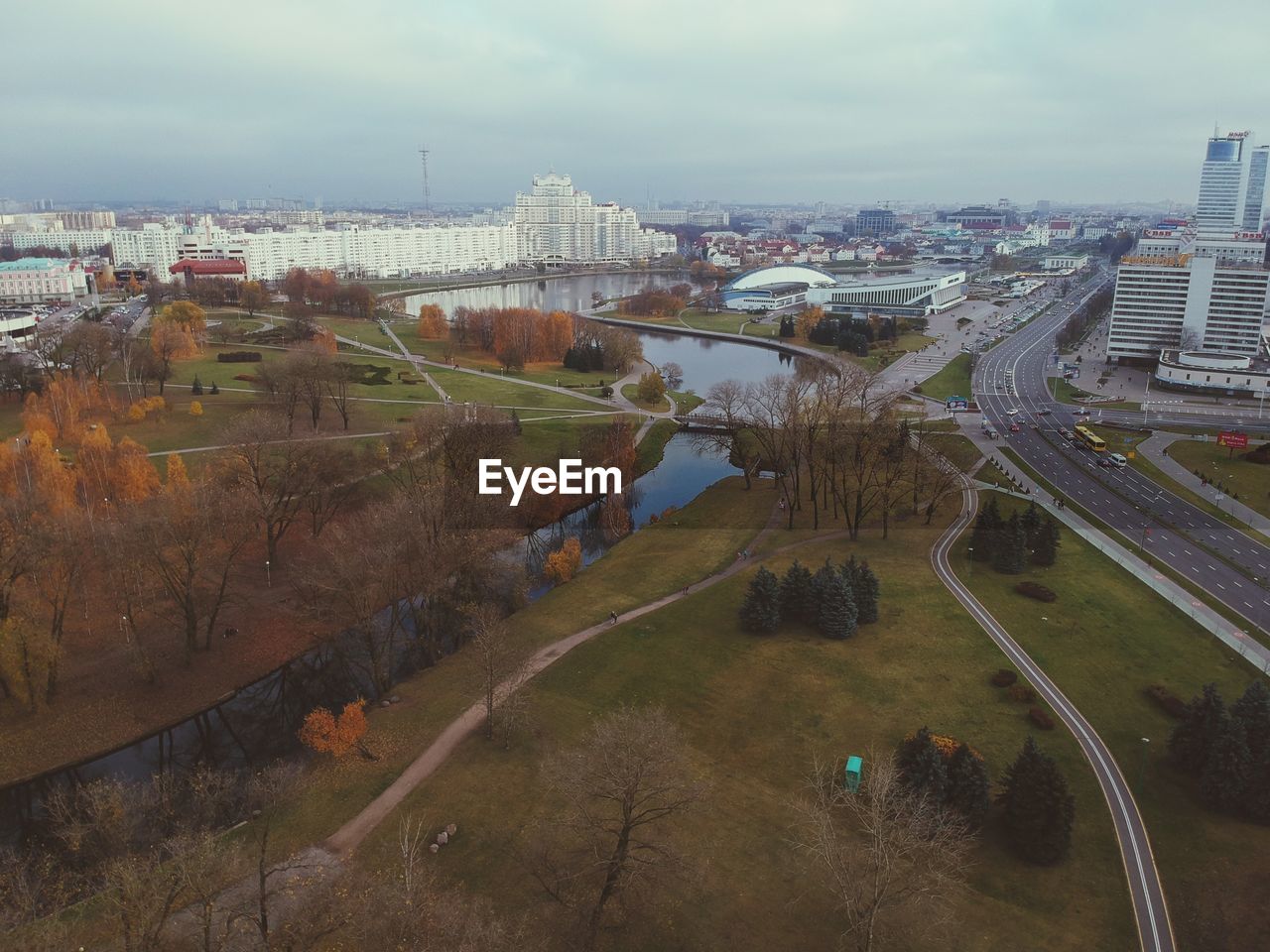 High angle view of street amidst buildings in city