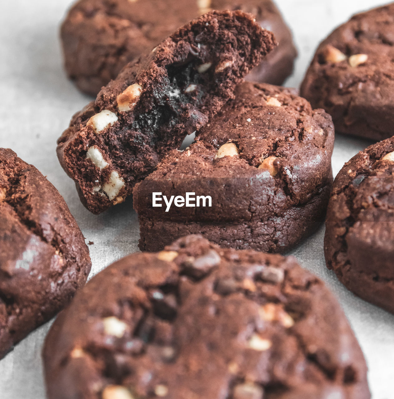 Close-up of chocolate cookies on grey table