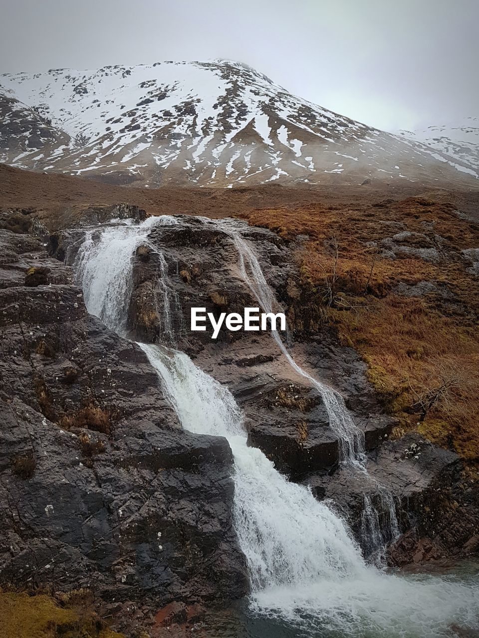 Scenic view of waterfall against sky during winter