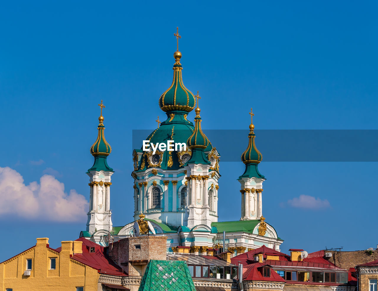 View of church in city against sky