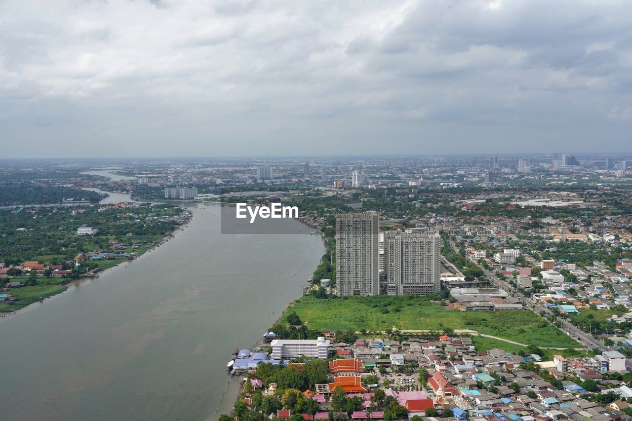 High angle view of the city with the chao phraya river space for background.