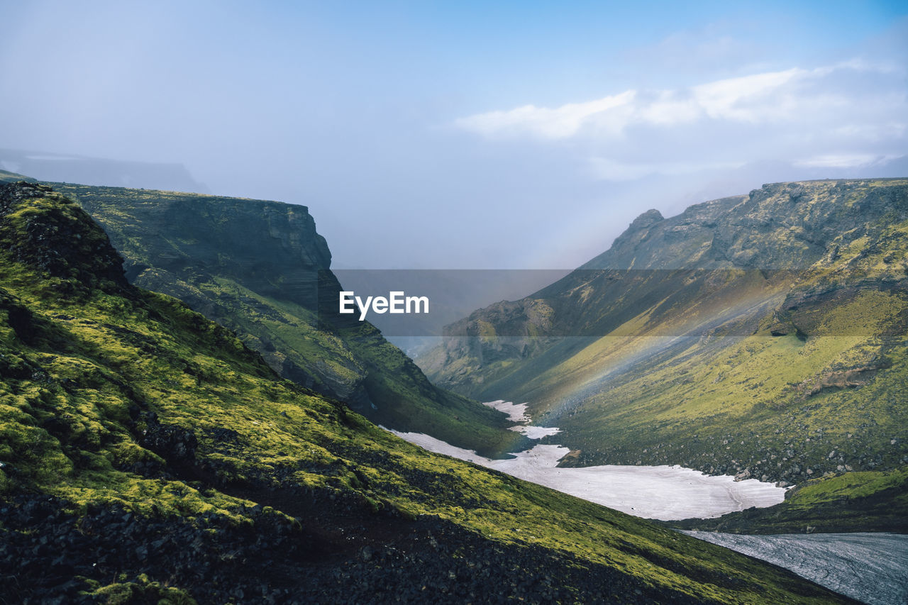 View of amazing landscape in iceland while trekking famous laugavegur trail