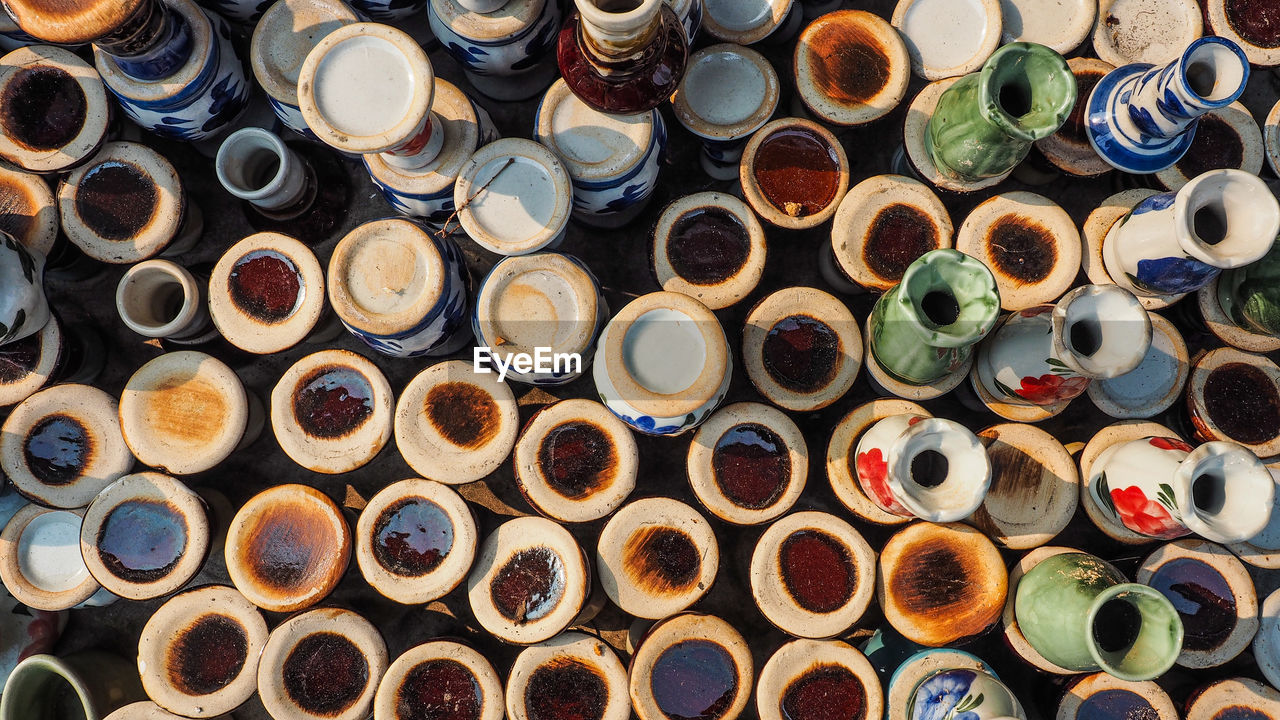 Full frame shot of vases for sale at market