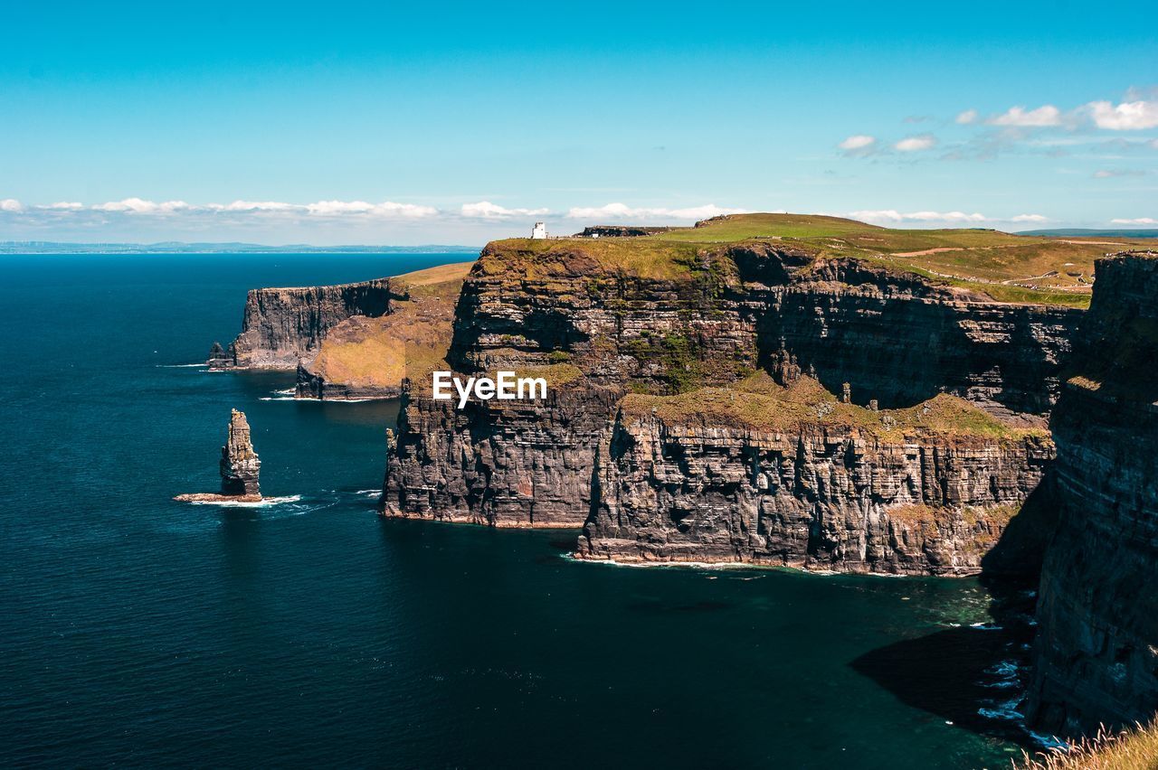 Scenic view of sea against sky and cliffs