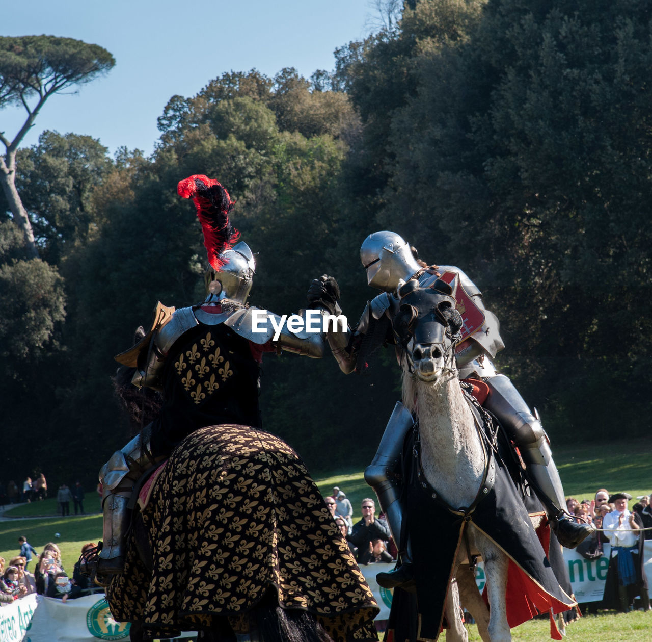 Men wearing armor costumes riding horses on field