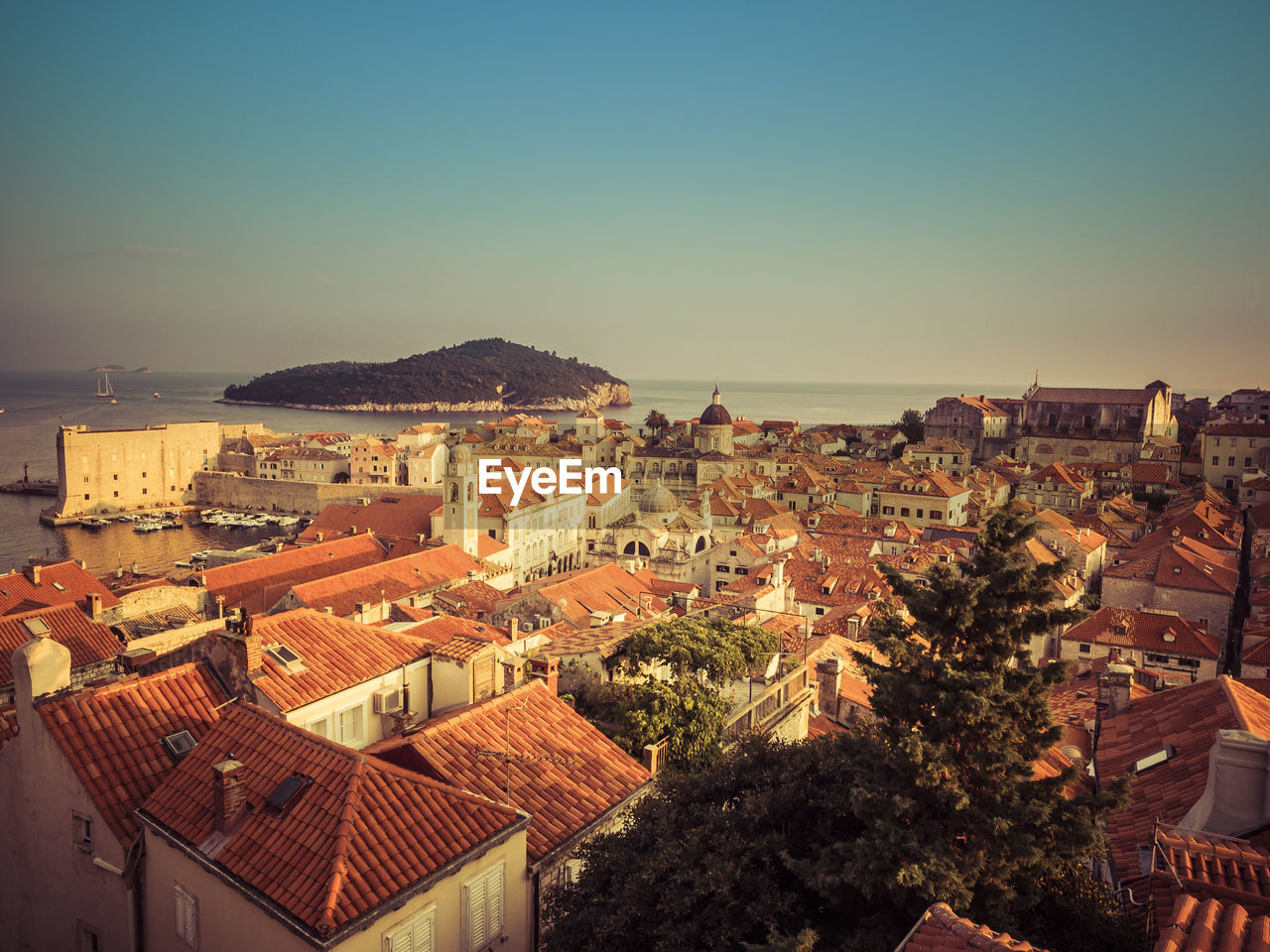 High angle view of town against clear sky