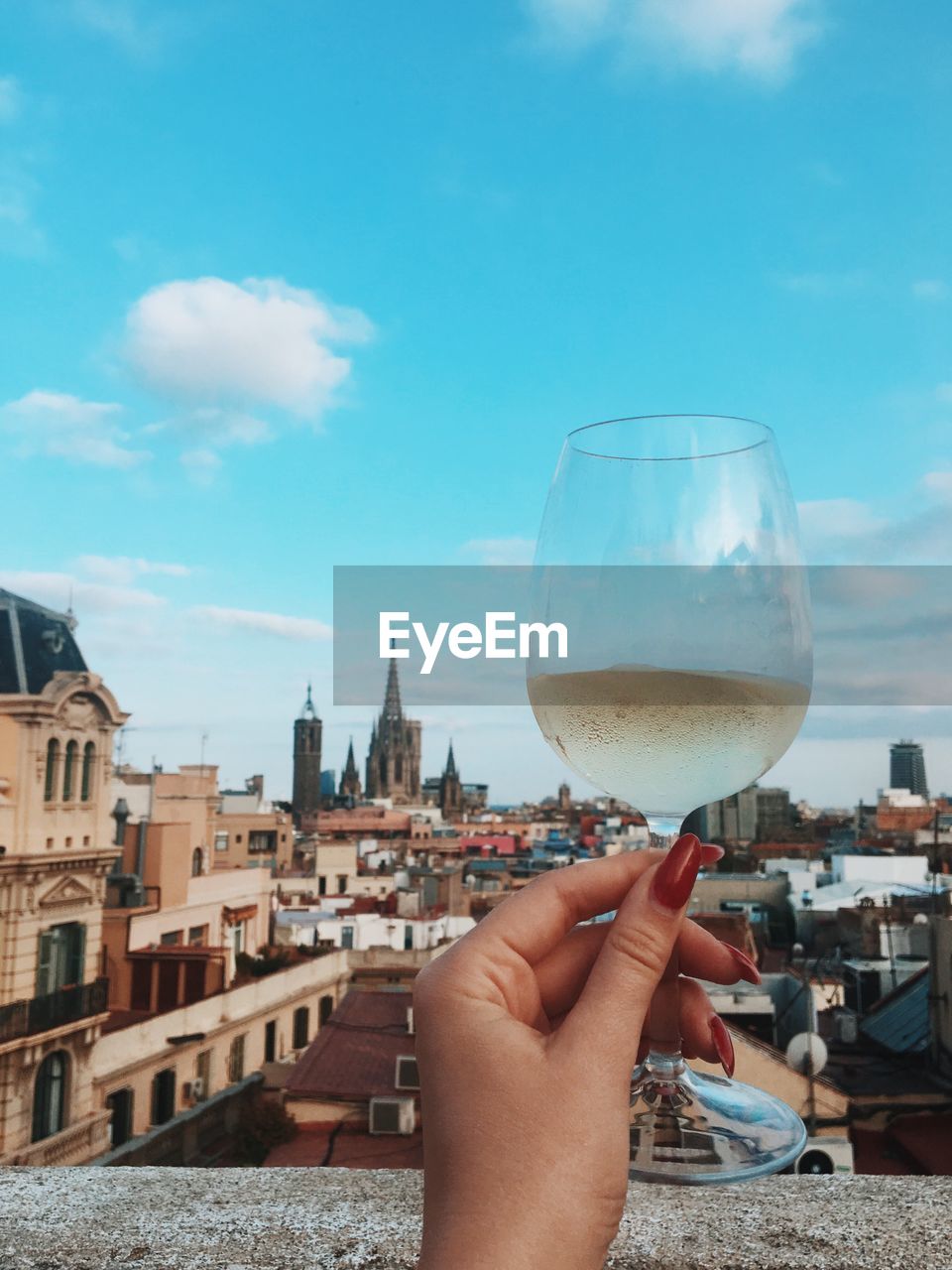 Cropped image of woman holding wineglass with cityscape in background