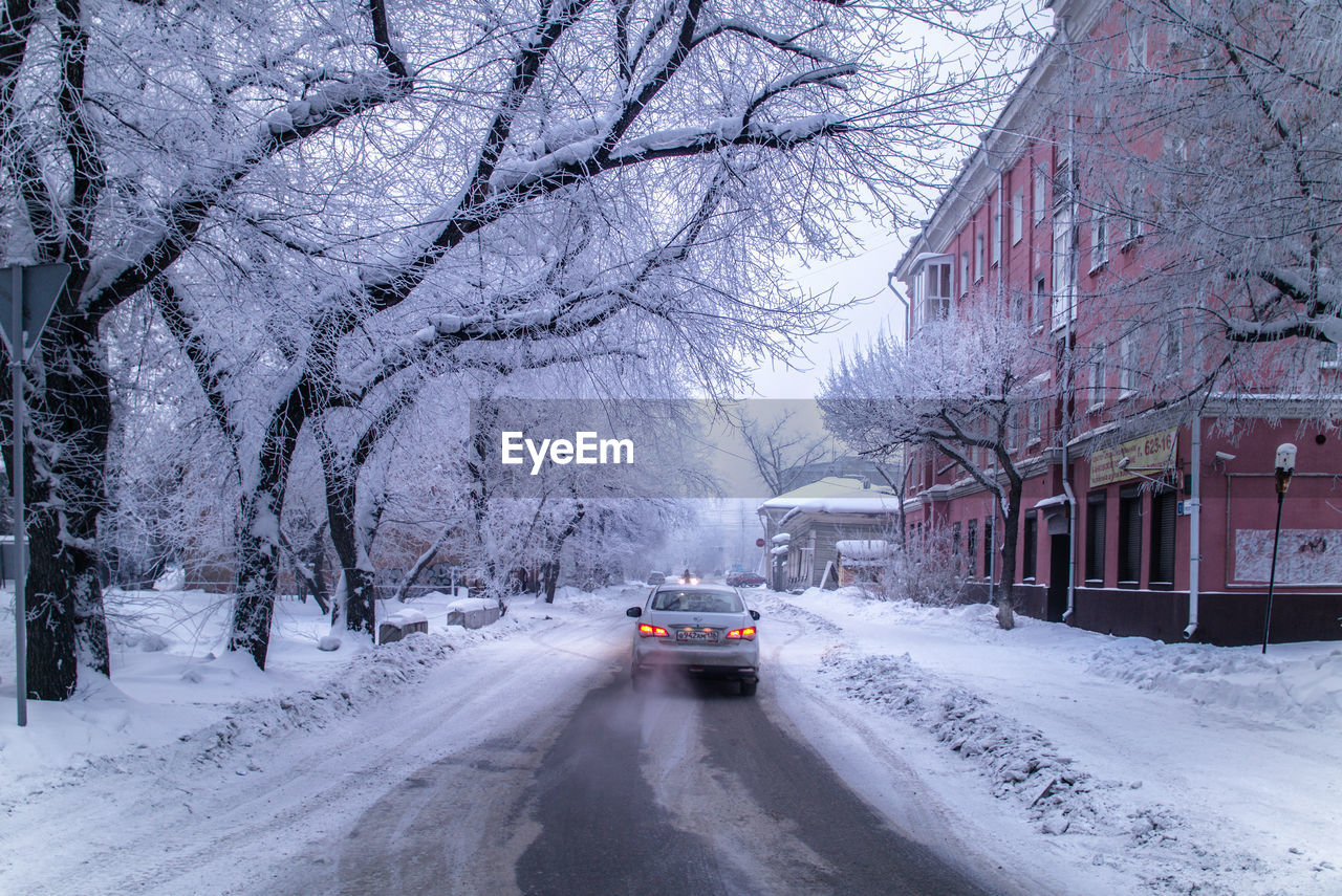 Vehicle on road along snowed landscape