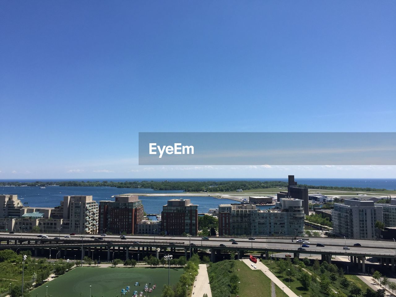 City skyline against blue sky