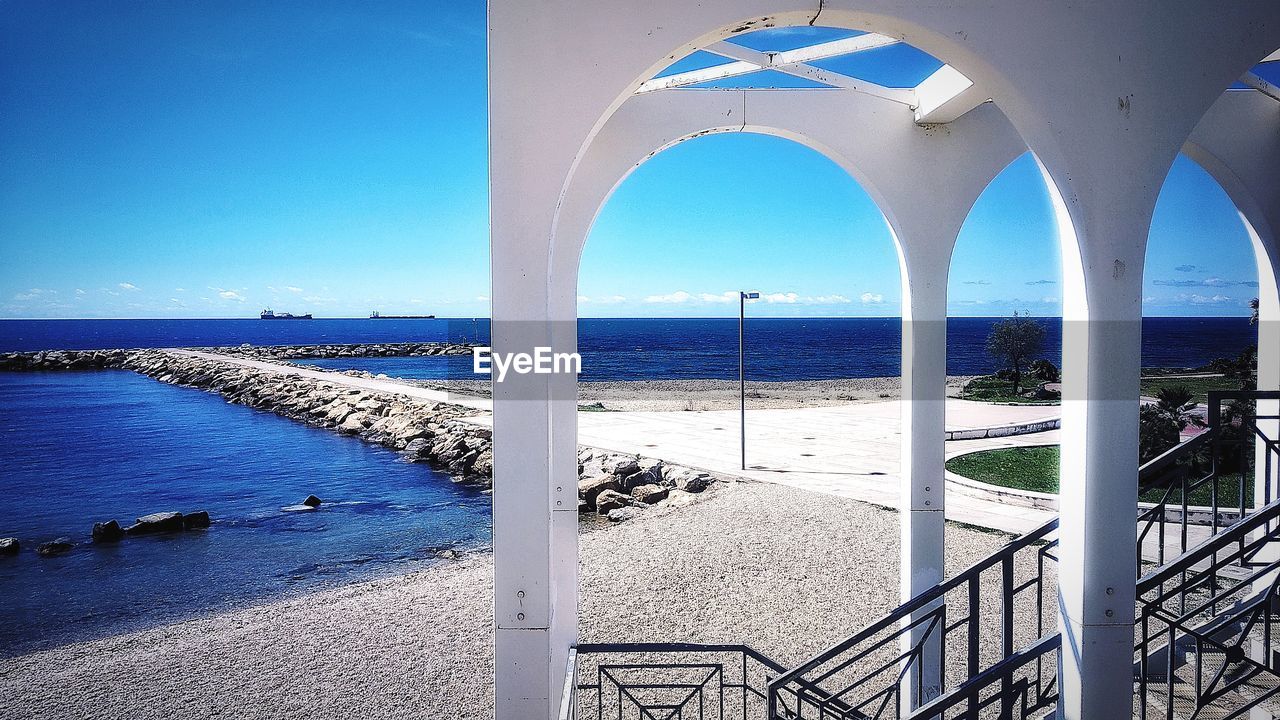 SCENIC VIEW OF SEA AGAINST SKY SEEN FROM RAILING