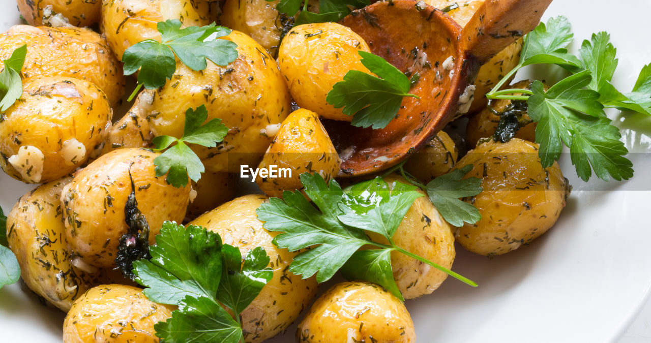 High angle view of prepared potatoes with cilantro in plate