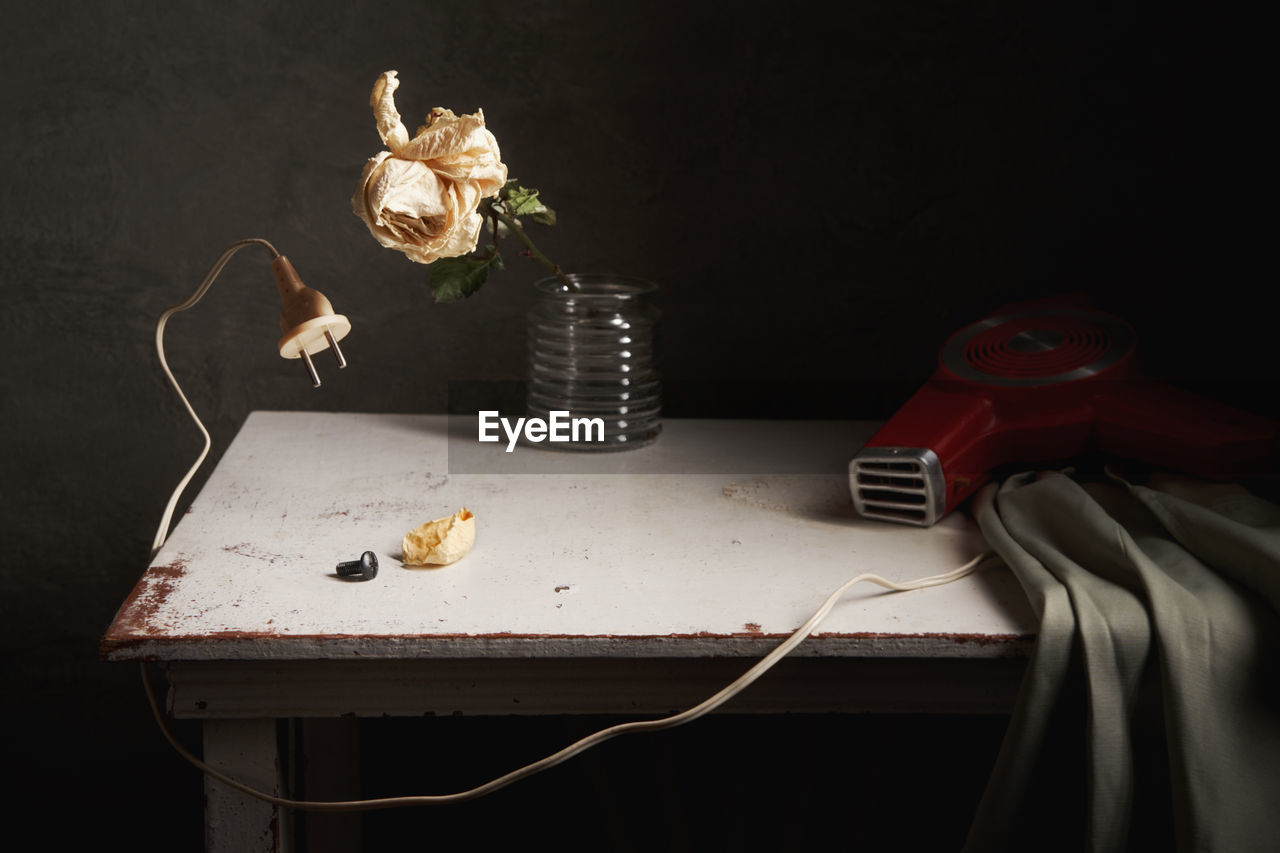 Still life with dried rose and a vintage hairdryer