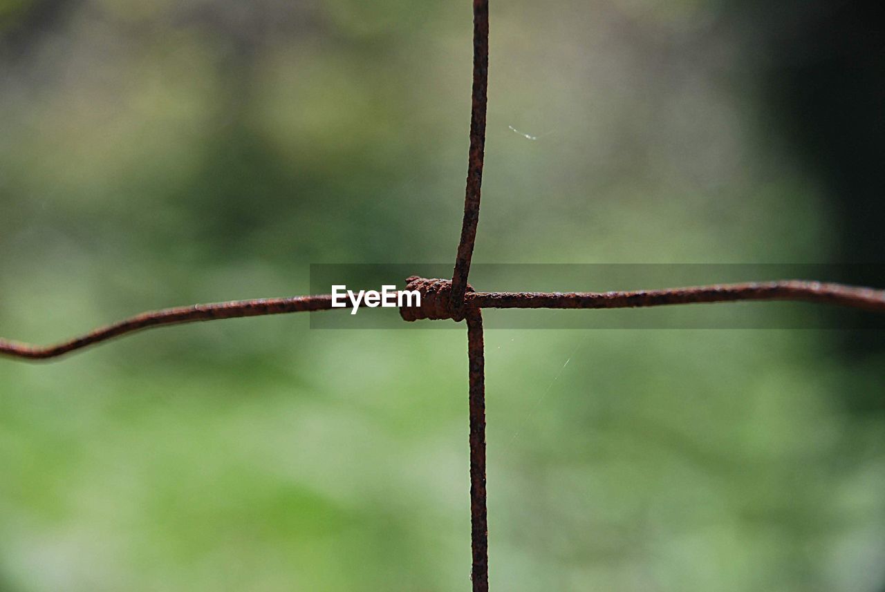 Close-up of barbed wire against fence