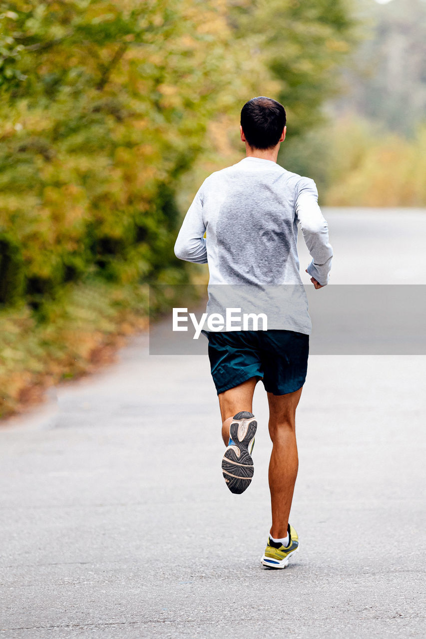 Male runner running in autumn park, on back sweat on clothes