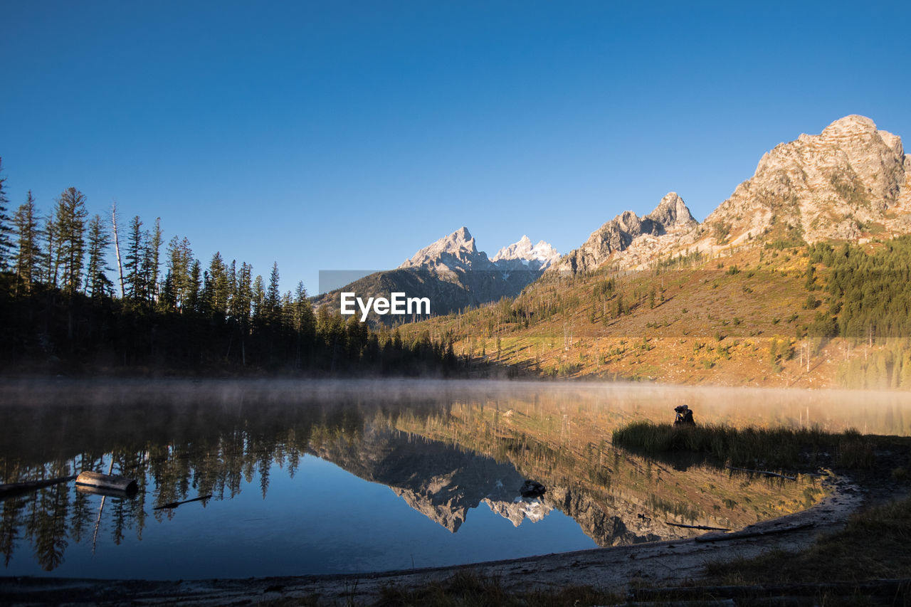 Scenic view of lake and mountains against clear sky