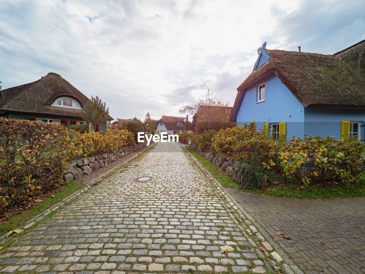 architecture, building exterior, built structure, building, house, sky, cloud, residential district, cobblestone, footpath, street, village, city, nature, town, rural area, residential area, estate, flower, no people, plant, walkway, autumn, suburb, outdoors, landscape, travel destinations, road surface, neighbourhood, tree, road, roof, the way forward, day, sidewalk, beauty in nature, mansion, home