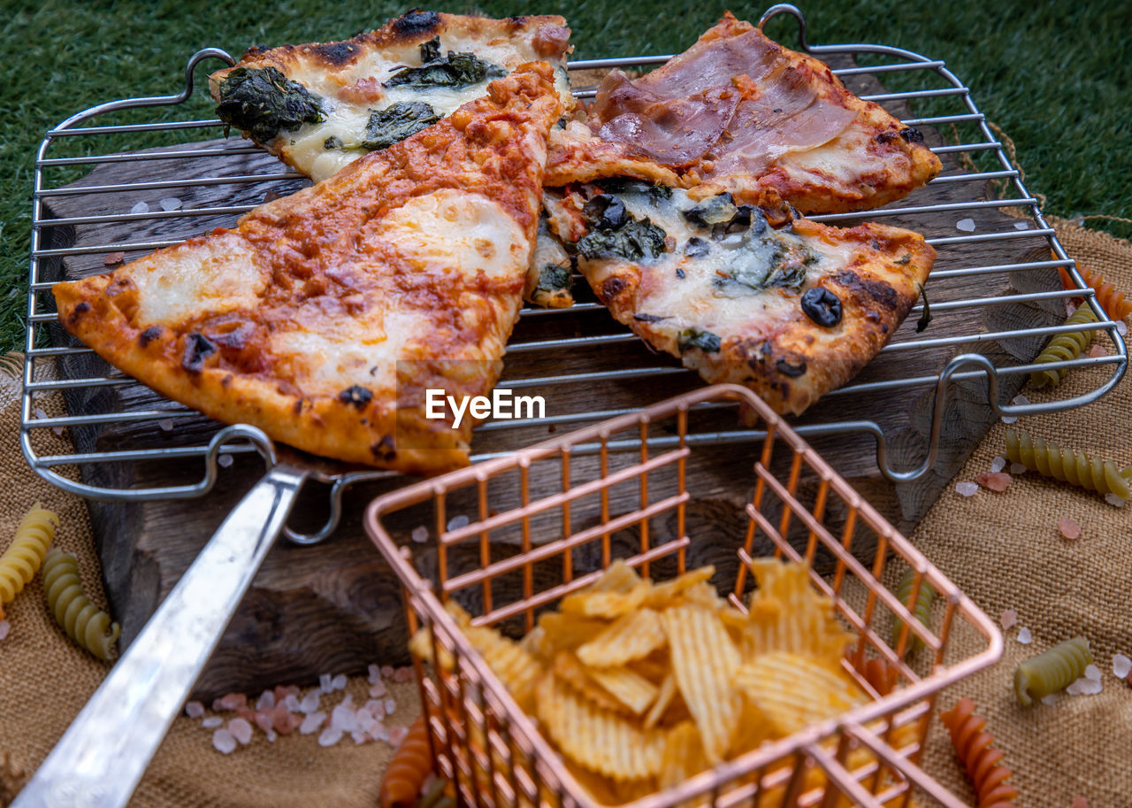 HIGH ANGLE VIEW OF MEAT ON BARBECUE