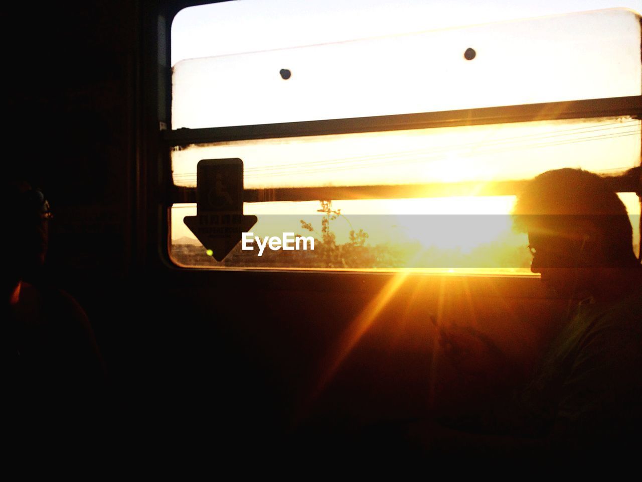 Side view of man using phone in train during sunset