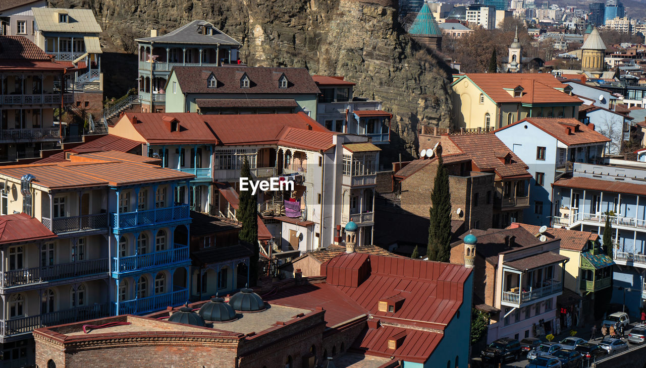 High angle view of buildings in city