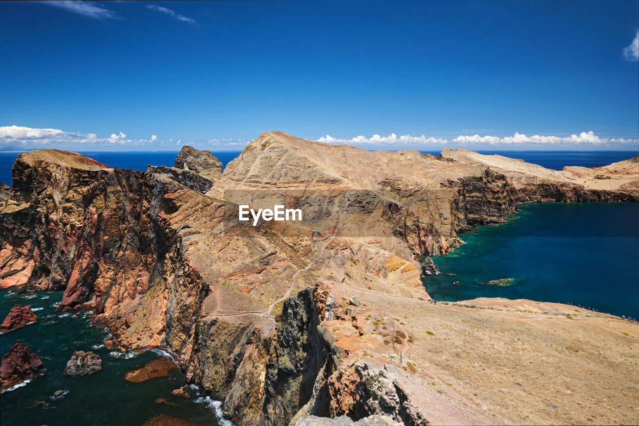 scenic view of sea and mountains against sky