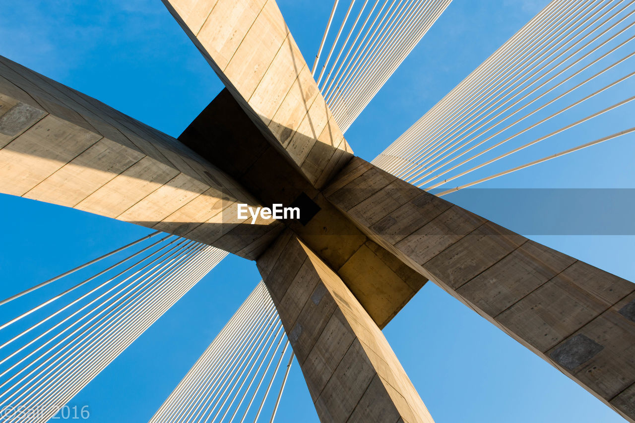 Directly below shot of rabat bridge against clear blue sky