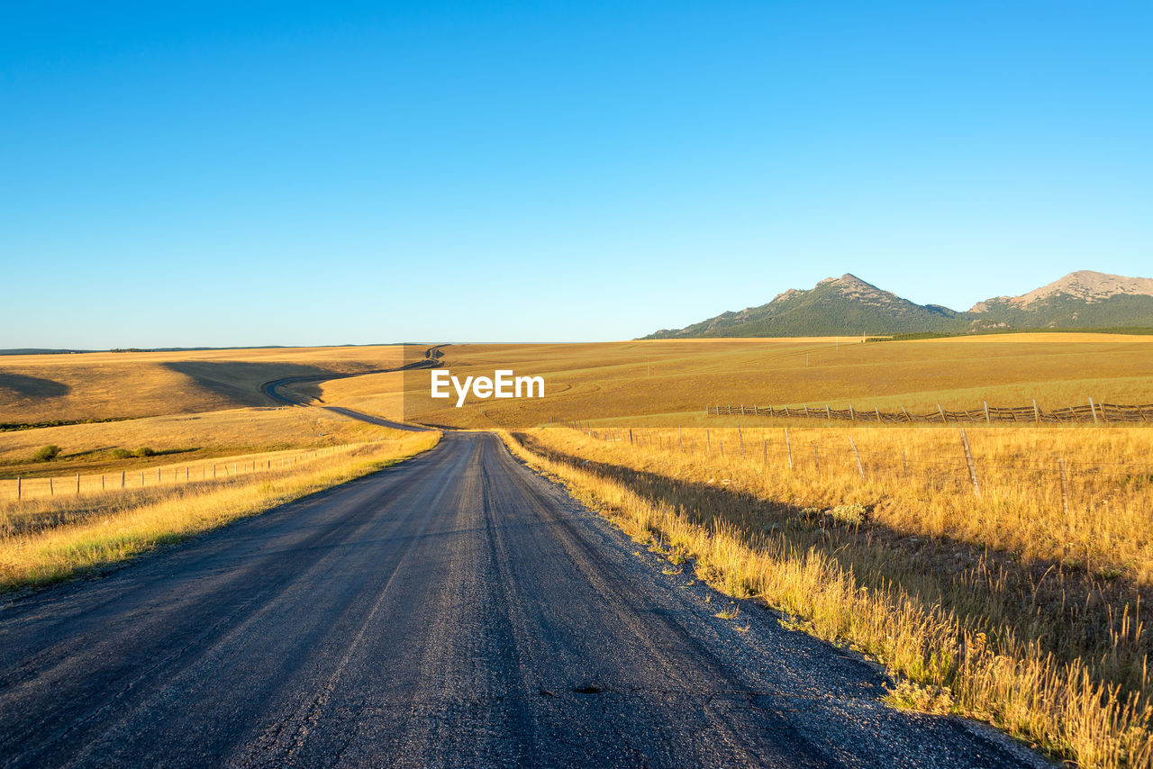 Scenic view of empty road amidst field against clear blue sky