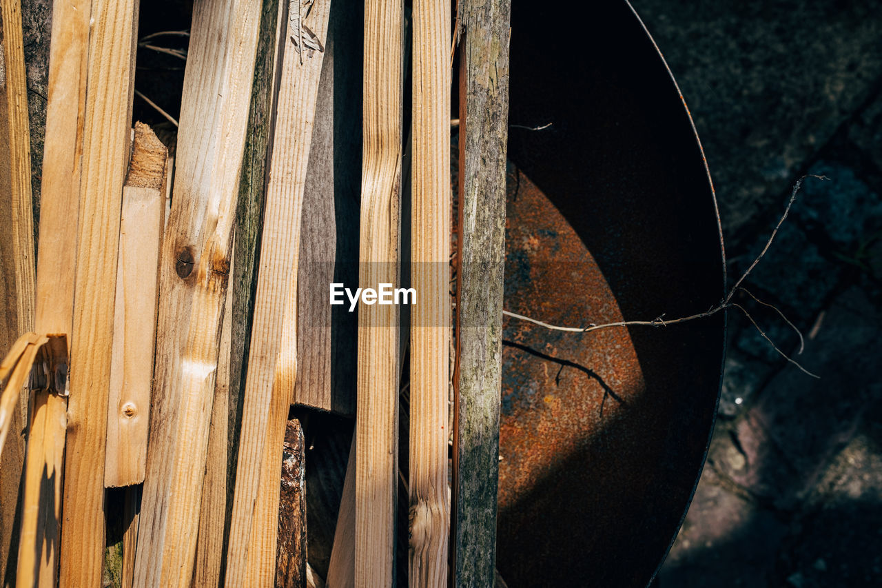 View from above on firebowl with chopped wood