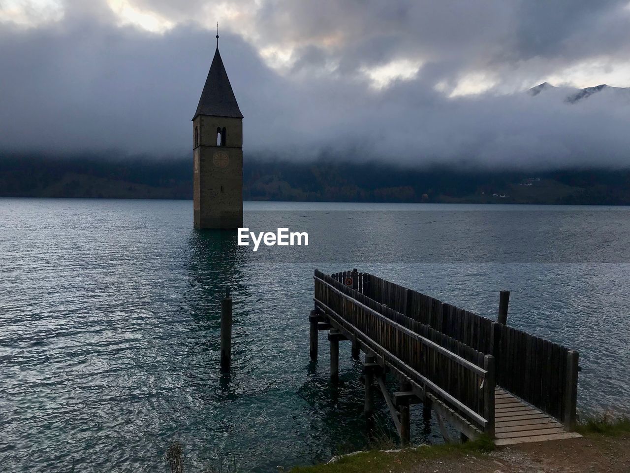Submerged bell tower in resia lake