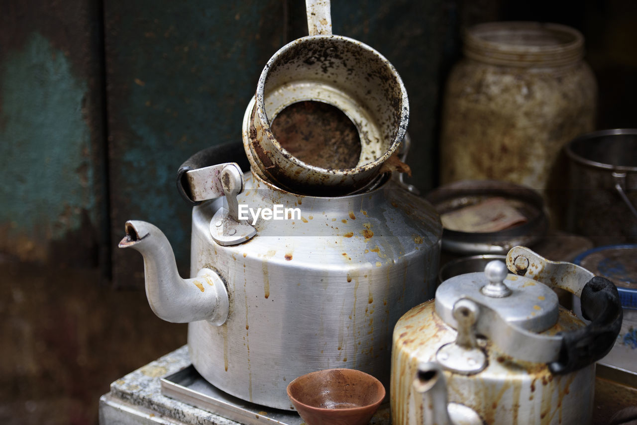Masala chai tea pot on the streets of old delhi india