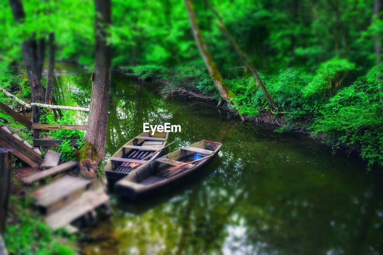 BOAT MOORED ON RIVER IN FOREST