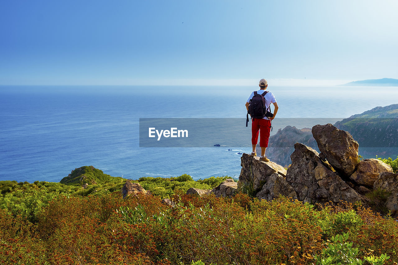 Man standing on rock at beach against clear sky