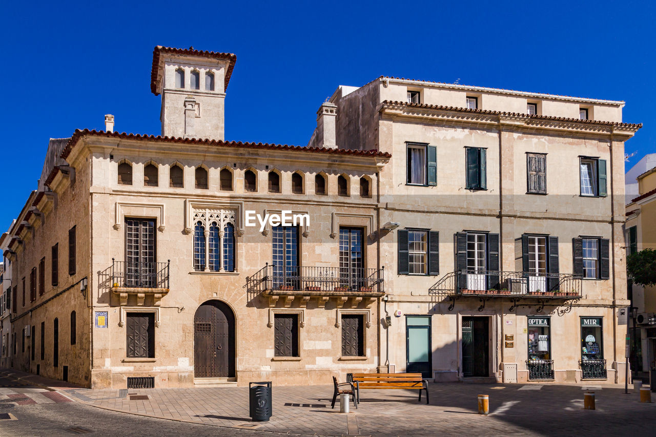 Colonial building at town square placa del princep of mahon on menorca, spain