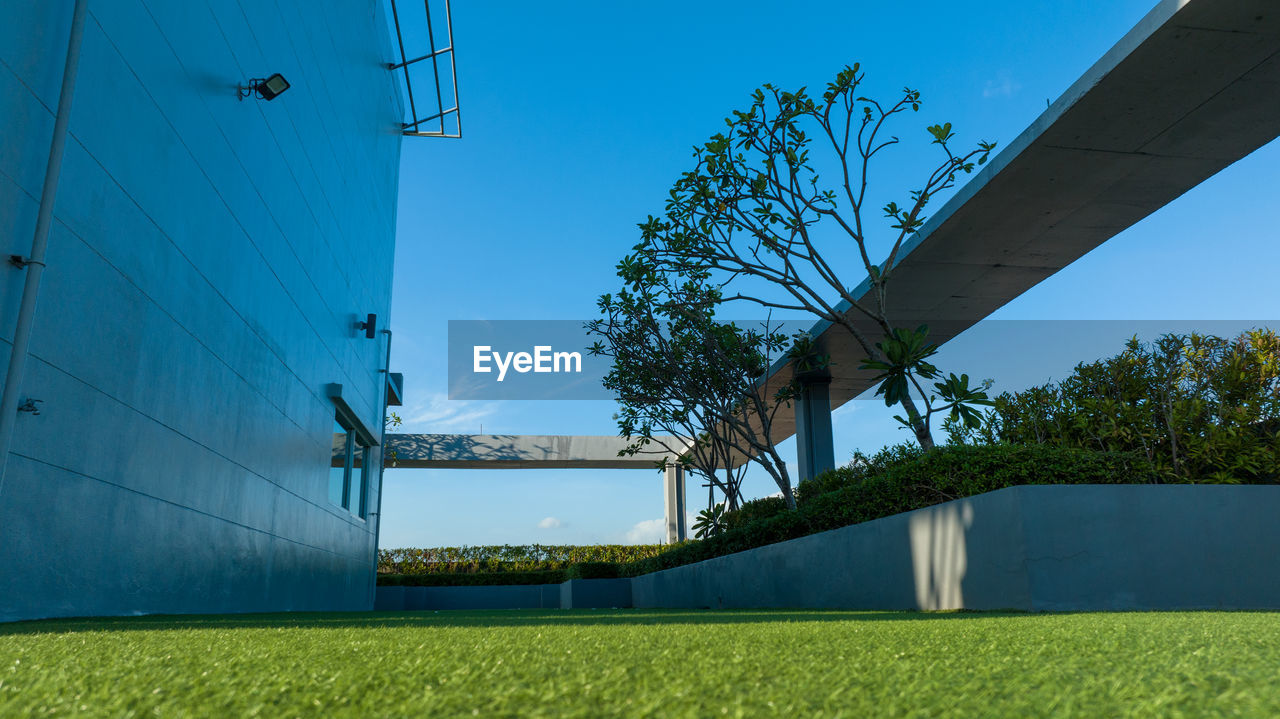 plant, sky, nature, architecture, blue, green, built structure, grass, tree, no people, outdoors, day, power generation, stadium, environment, clear sky, land, sunlight