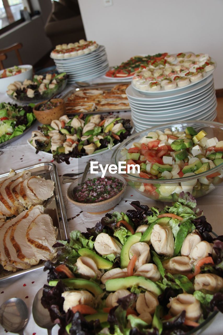 High angle view of food served on table