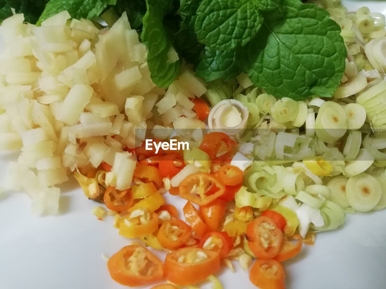 CLOSE-UP OF CHOPPED VEGETABLES AND SALAD IN PLATE