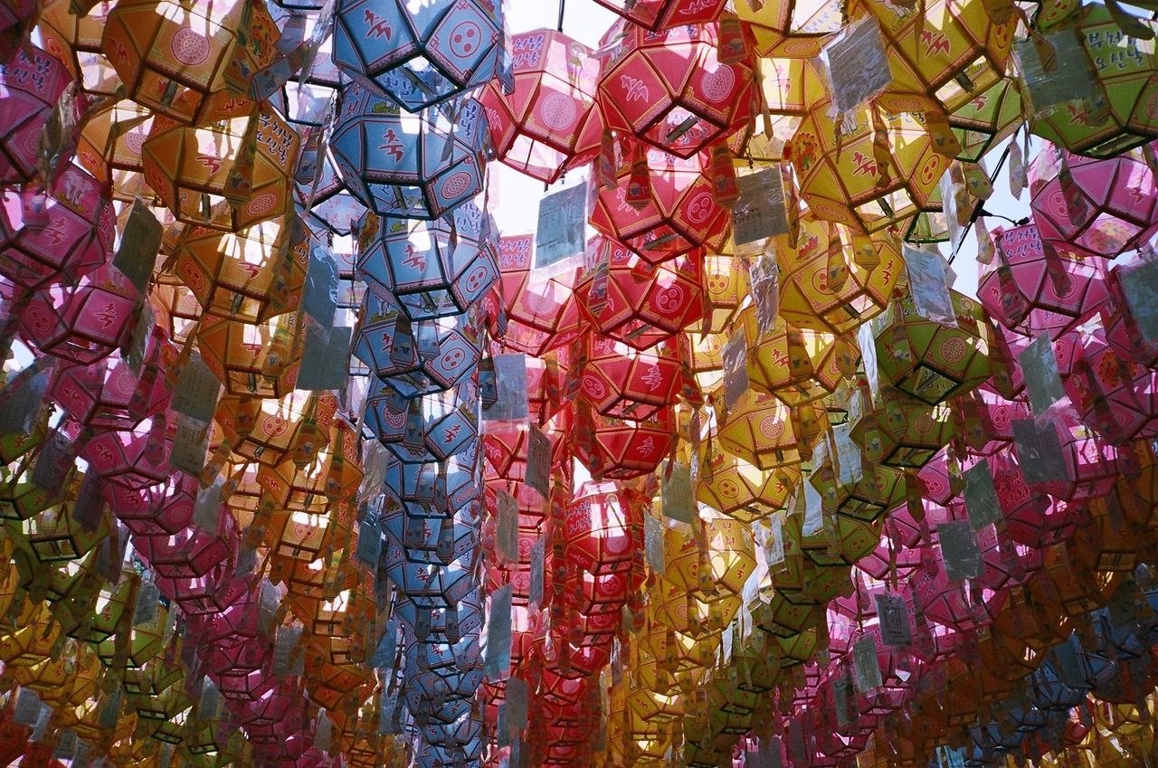 Low angle view of multi colored lanterns