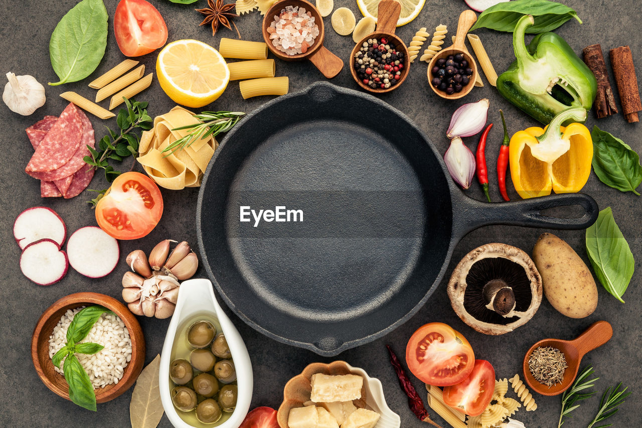 Directly above shot of frying pan surrounded with various spices and vegetables