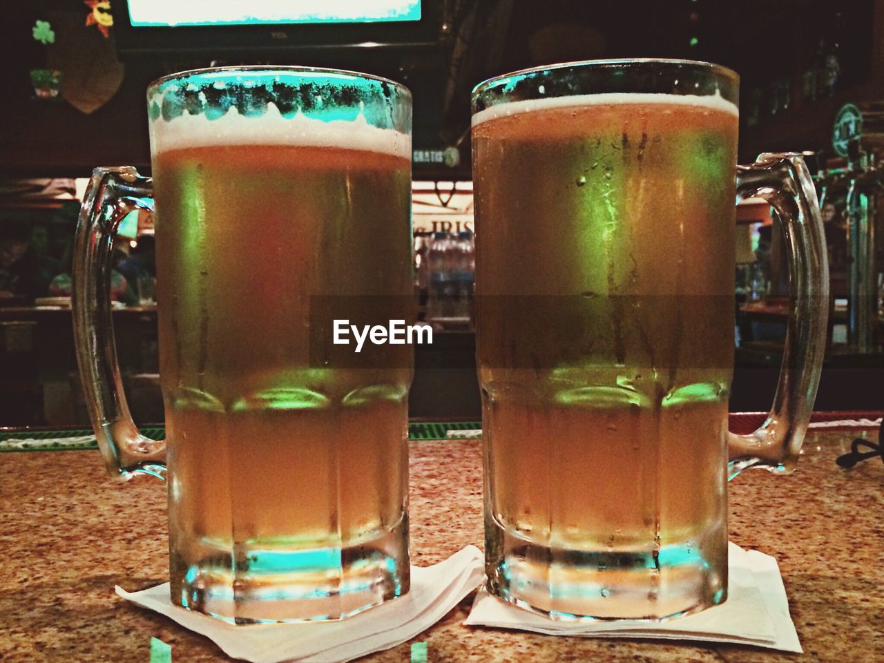 Close-up of two glasses of beer