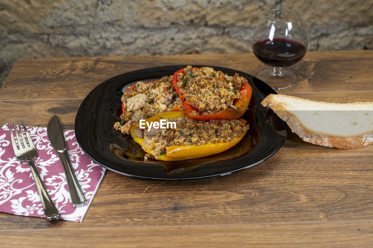 high angle view of food in plate on table