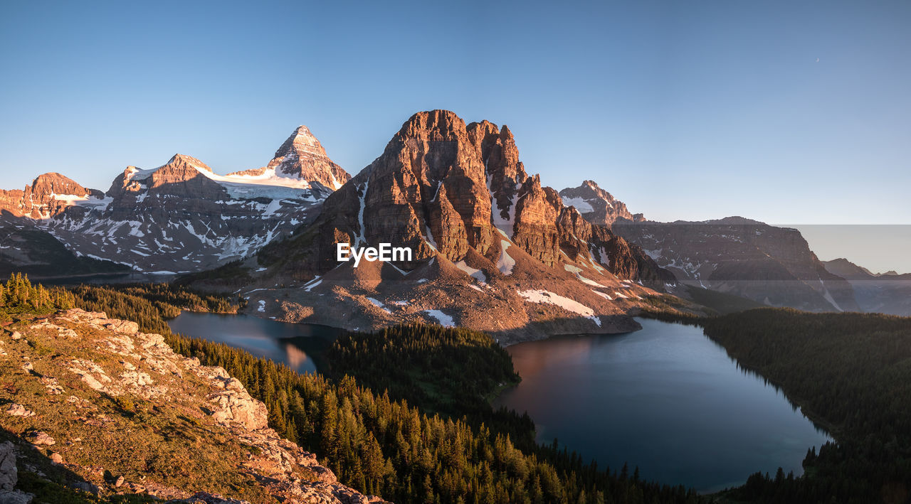 Scenic view of snowcapped mountains against clear sky