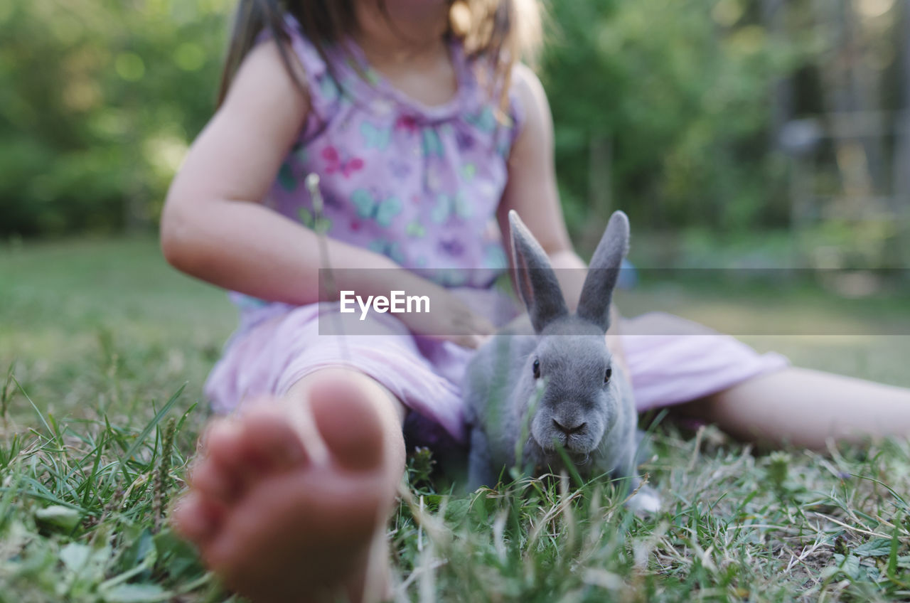 Low section of girl playing with rabbit while sitting on grassy field at park