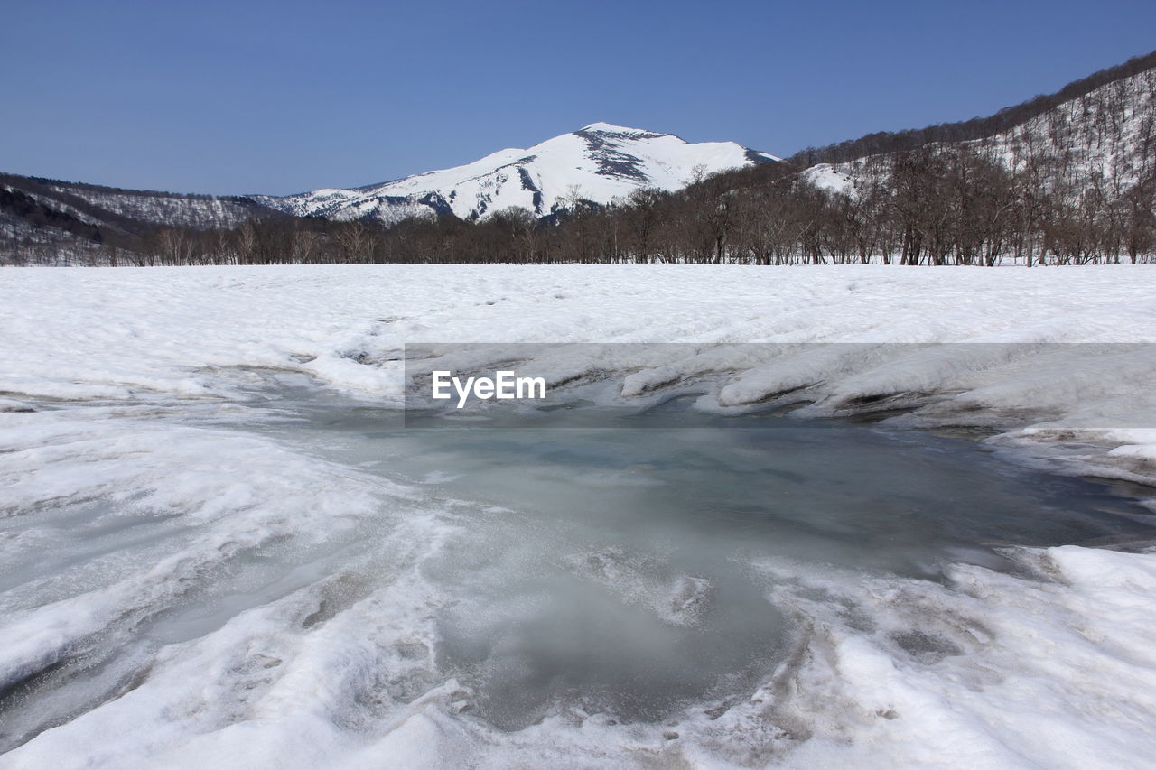 Scenic view of snow covered mountains against clear sky