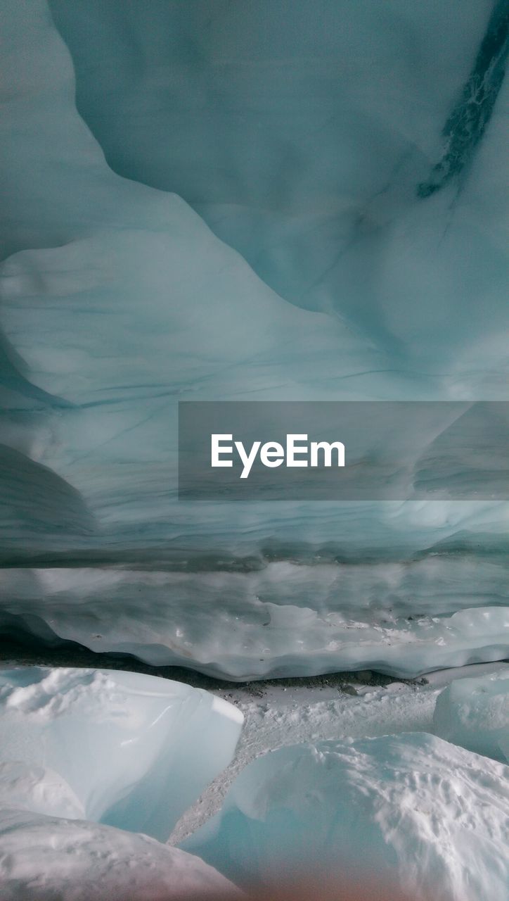 HIGH ANGLE VIEW OF GLACIER ON LANDSCAPE