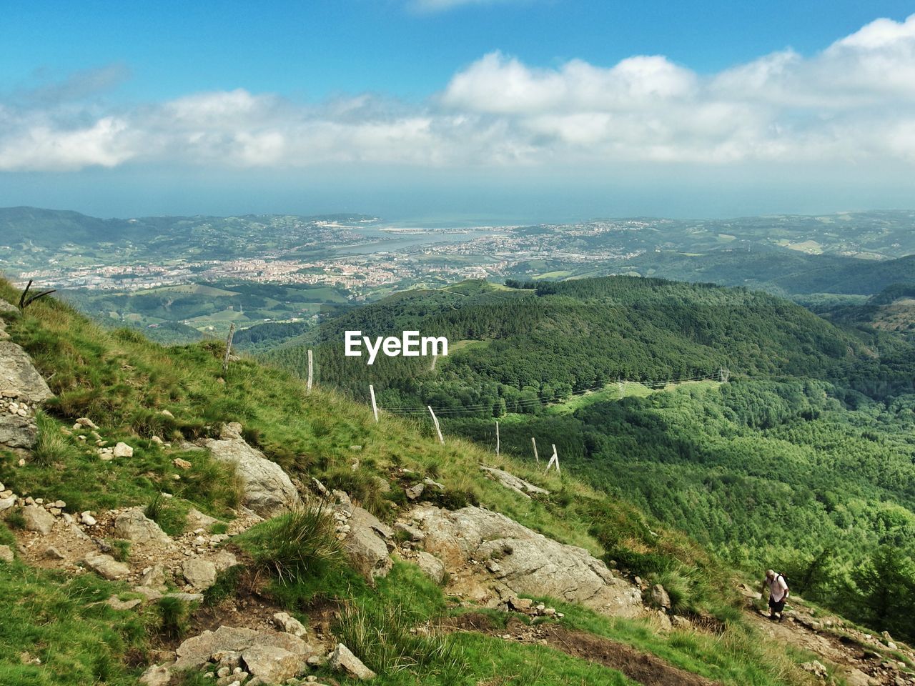 Elevated view of scenic landscape and man walking up hill