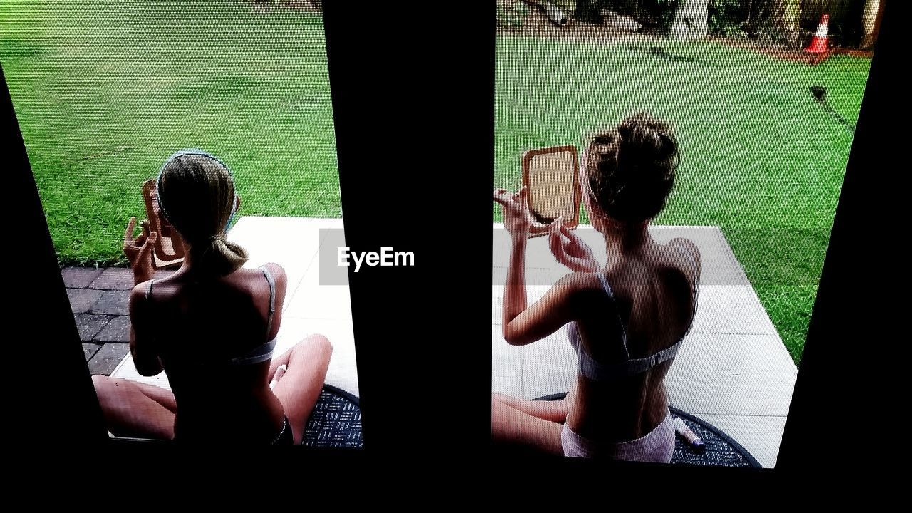 High angle view of girls in lingerie applying make-up