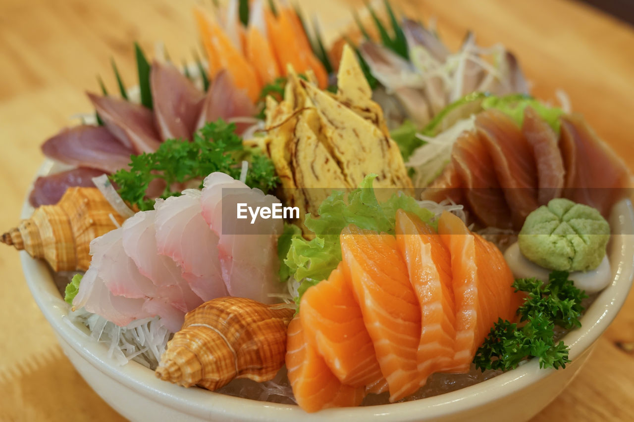 CLOSE-UP OF SUSHI SERVED IN PLATE